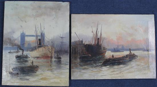 V Davis Shipping near Tower Bridge and the Pool of London, 18 x 14in. and 14 x 18in., unframed